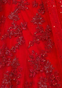 Ruby Red Lehenga In Heavily Embroidered Net With Fancy Off Shoulder Blouse With Long Fared Sleeves