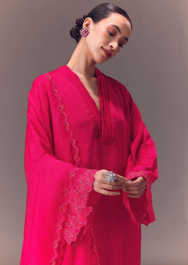 Ruby Pink Organza Kurta Set With Bell Sleeves