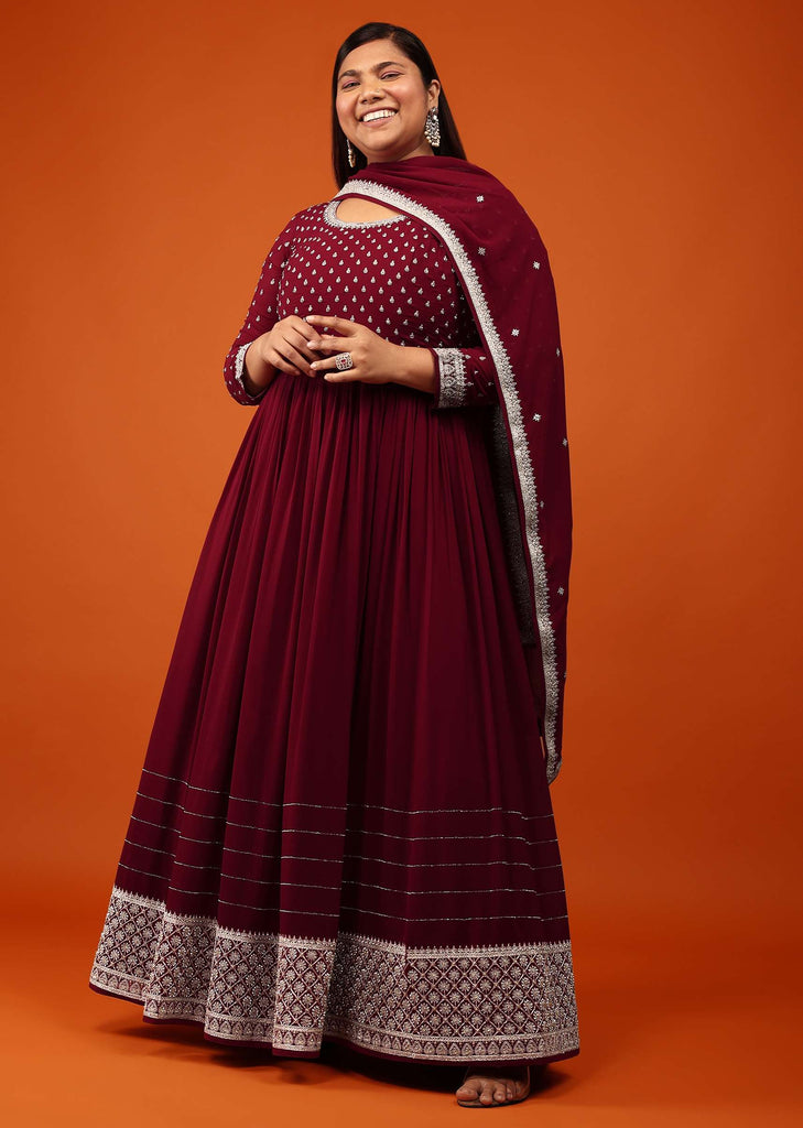 Wine Red Anarkali Suit In Georgette With Alluring Embroidery In Zari And Stone