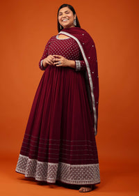 Wine Red Anarkali Suit In Georgette With Alluring Embroidery In Zari And Stone