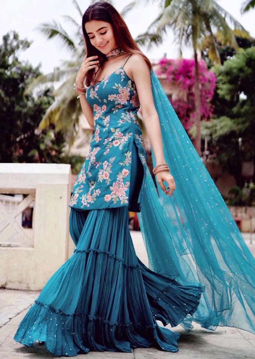 Teal Sharara Suit With Colorful Resham, Cut Dana And Moti Embroidered Spring Blossoms