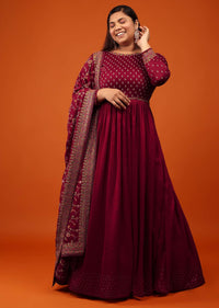 Cherry Red Anarkali Suit With Multi-Coloured Thread And Zari Embroidered Dupatta