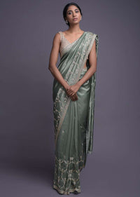 Russian Green Saree In Dupion With Embellished Buttis And Scalloped Border Online - Kalki Fashion