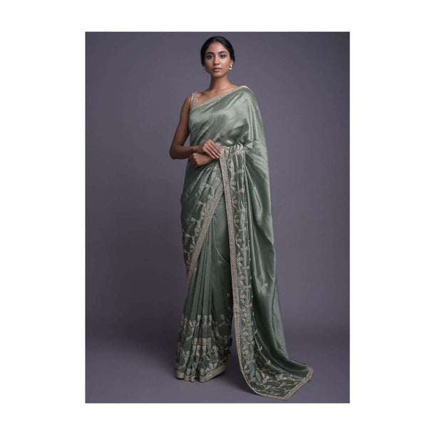 Russian Green Saree In Dupion With Embellished Buttis And Scalloped Border Online - Kalki Fashion