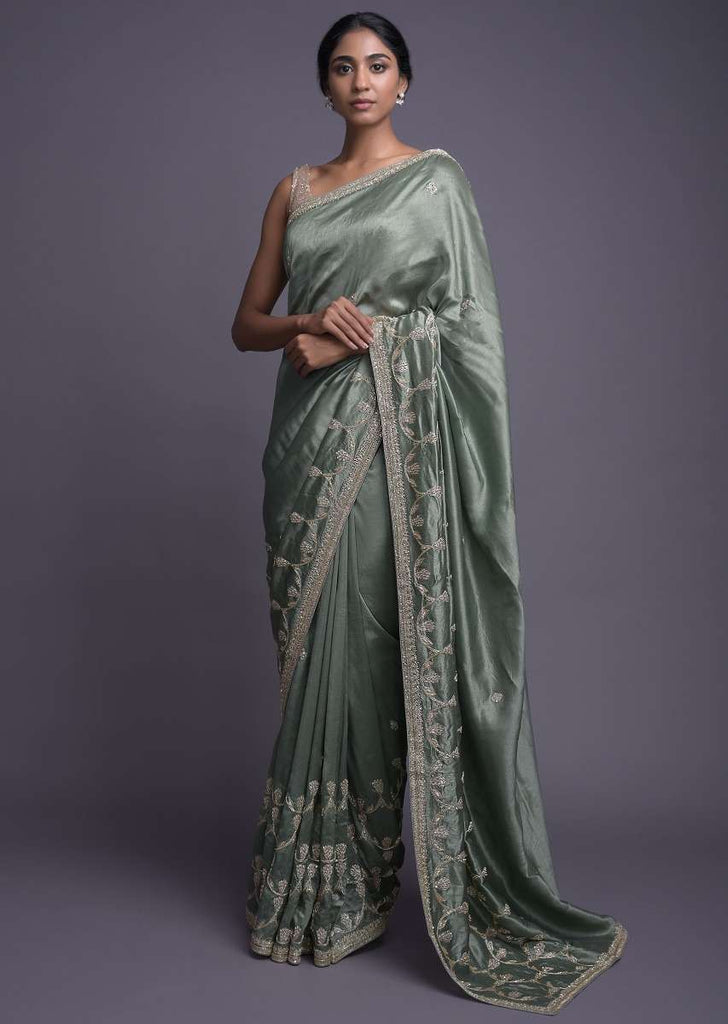 Russian Green Saree In Dupion With Embellished Buttis And Scalloped Border Online - Kalki Fashion