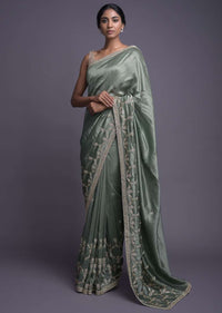 Russian Green Saree In Dupion With Embellished Buttis And Scalloped Border Online - Kalki Fashion