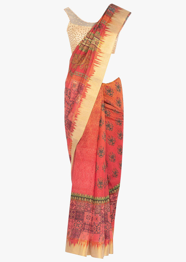 Rust and dark peach cotton silk saree