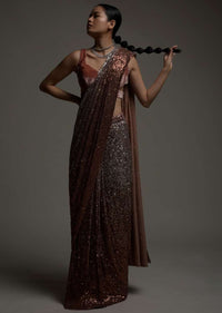 Rust And Silver Ombre Ready Pleated Saree Embellished In Sequins And Rust Velvet Blouse With Cut Outs On The Side Online - Kalki Fashion