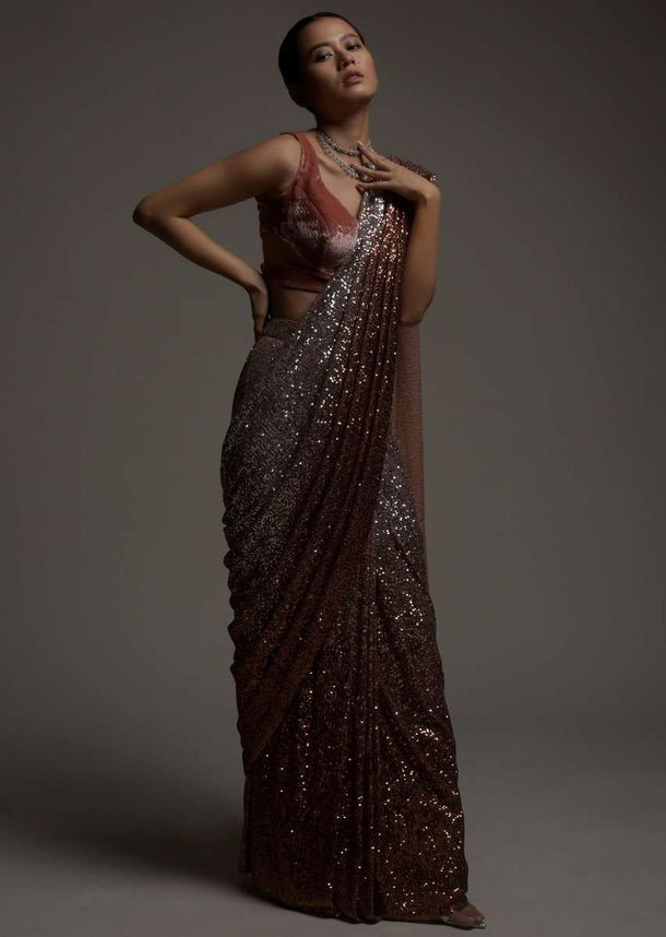 Rust And Silver Ombre Ready Pleated Saree Embellished In Sequins And Rust Velvet Blouse With Cut Outs On The Side Online - Kalki Fashion