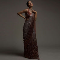 Rust And Silver Ombre Ready Pleated Saree Embellished In Sequins And Rust Velvet Blouse With Cut Outs On The Side Online - Kalki Fashion