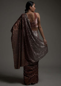 Rust And Silver Ombre Ready Pleated Saree Embellished In Sequins And Rust Velvet Blouse With Cut Outs On The Side Online - Kalki Fashion