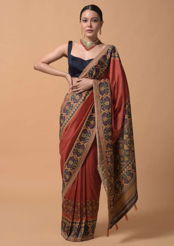 Rust Orange Saree In Silk With Printed Patola Design On The Border Online - Kalki Fashion