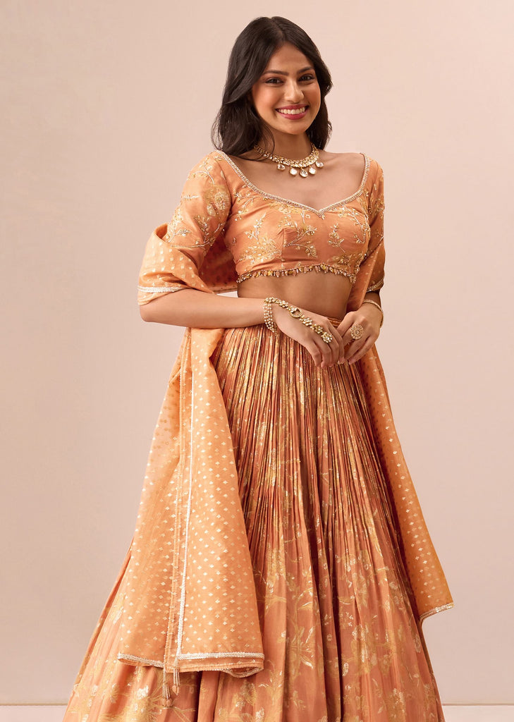 Rust Orange Tassel Embroidered Blouse With Lehenga And Dupatta