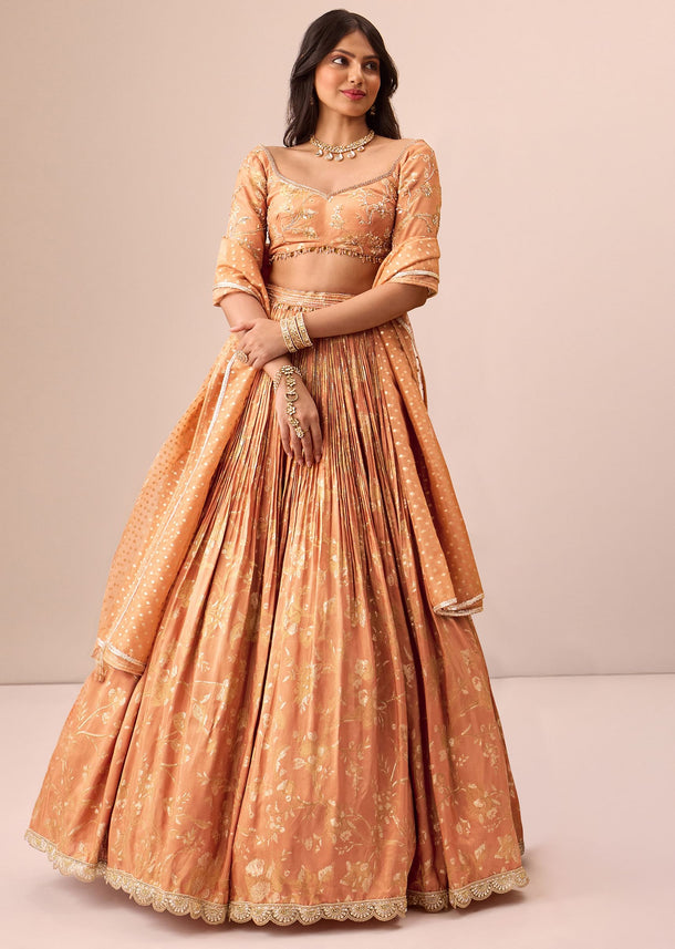 Rust Orange Tassel Embroidered Blouse With Lehenga And Dupatta