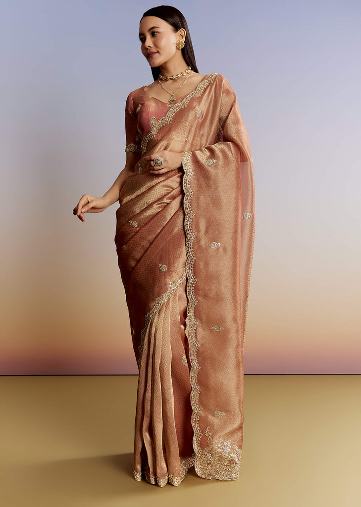 Rust Orange Tissue Saree With Zardosi Beads And Sequins Embroidery