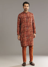 Rust Pashmina Silk Kurta Set With Stone Embellishment