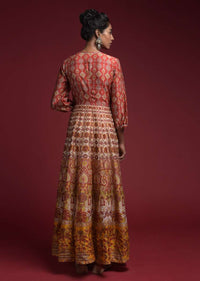 Rust Red Anarkali Dress In Silk With Multi Color Floral And Ethnic Print And Balloon Sleeves Online - Kalki Fashion