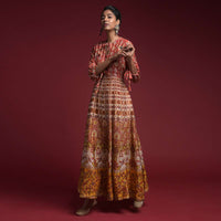 Rust Red Anarkali Dress In Silk With Multi Color Floral And Ethnic Print And Balloon Sleeves Online - Kalki Fashion