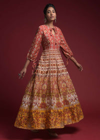 Rust Red Anarkali Dress In Silk With Multi Color Floral And Ethnic Print And Balloon Sleeves Online - Kalki Fashion