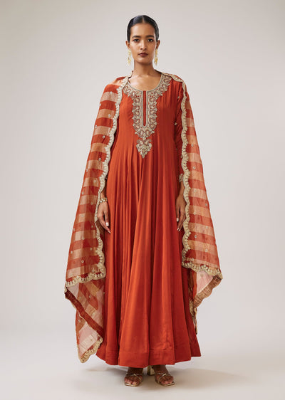 Rust Zardozi Work Chinon Anarkali With Embroidered Dupatta