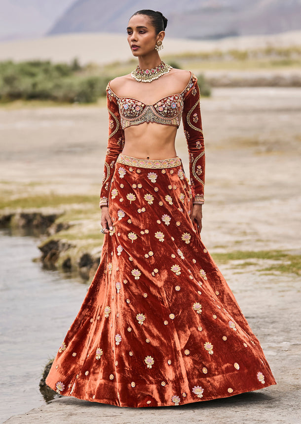 Rust Embroidered Velvet Lehenga And Blouse With Dupatta