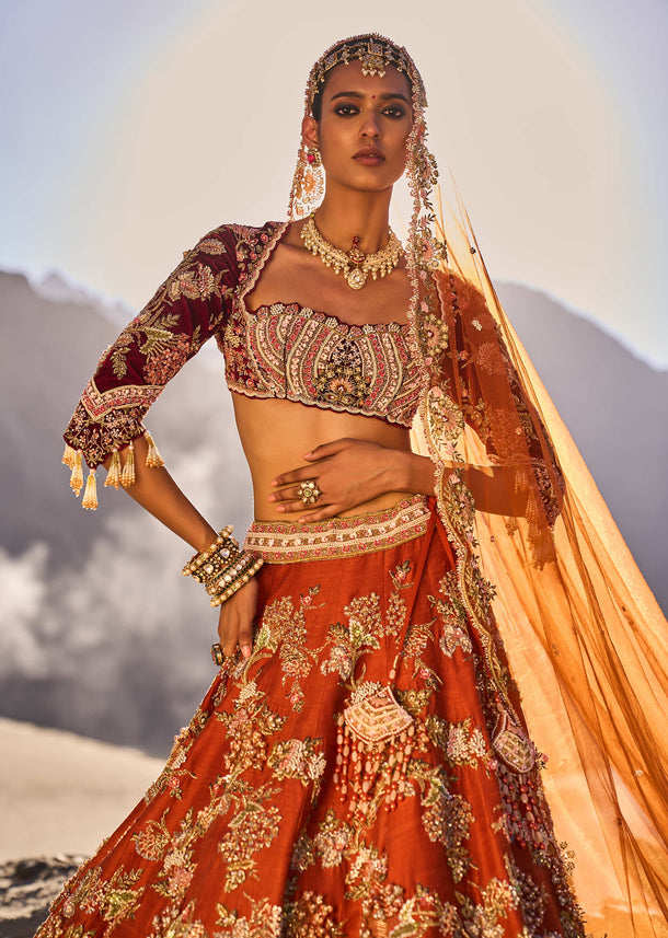 Rust Floral Embroidered Lehenga Set With 2 Bordered Dupatta