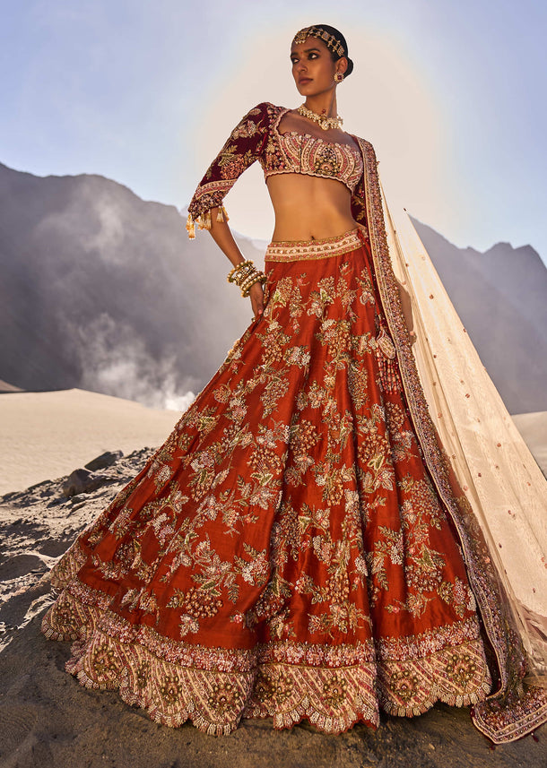 Rust Floral Embroidered Lehenga Set With 2 Bordered Dupatta