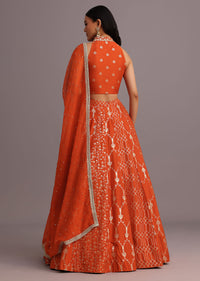 Rust Hand Embroidered Choli With Banarasi Weave Lehenga And Gotta Lace Dupatta