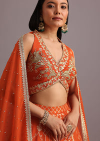 Rust Hand Embroidered Choli With Banarasi Weave Lehenga And Gotta Lace Dupatta