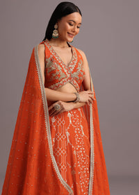 Rust Hand Embroidered Choli With Banarasi Weave Lehenga And Gotta Lace Dupatta