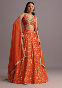 Rust Hand Embroidered Choli With Banarasi Weave Lehenga And Gotta Lace Dupatta