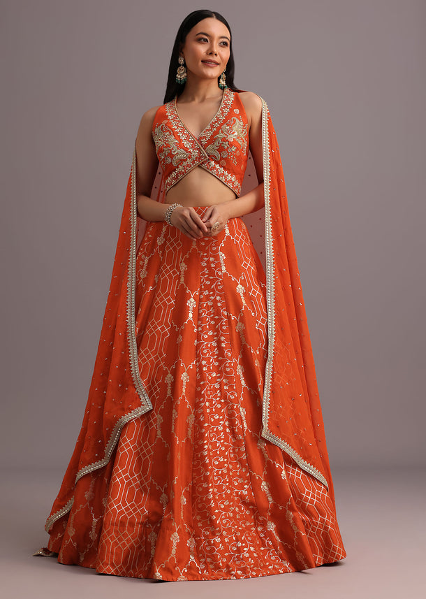 Rust Hand Embroidered Choli With Banarasi Weave Lehenga And Gotta Lace Dupatta