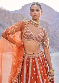 Rust Lehenga With Moti Embroidered Two Dupattas