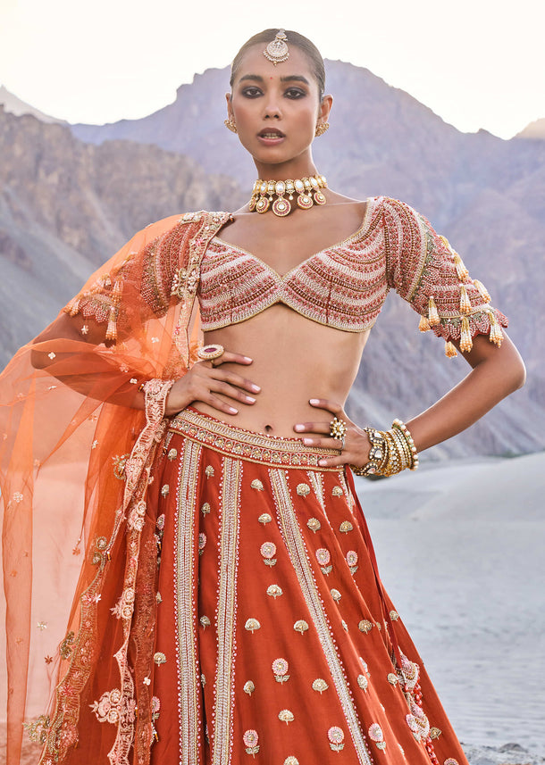 Rust Lehenga With Moti Embroidered Two Dupattas