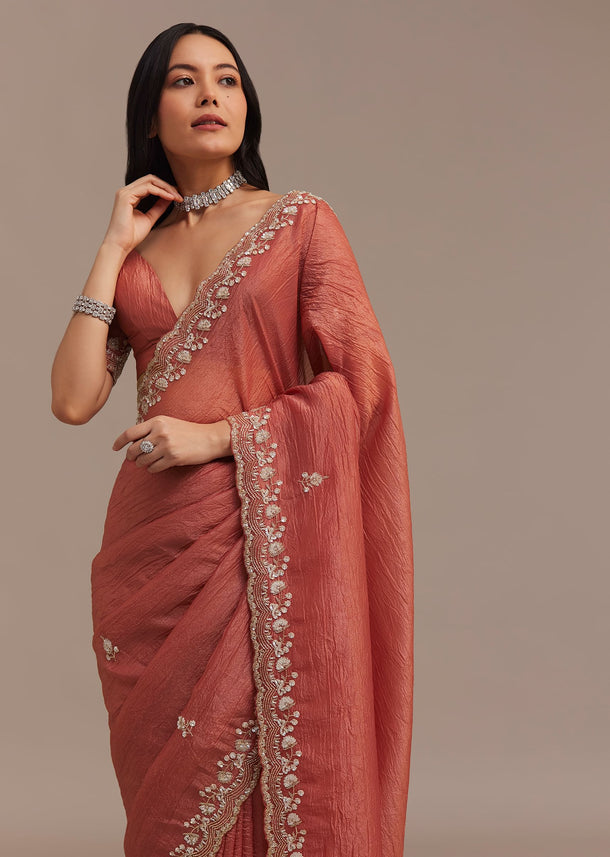 Rust Orange Crushed Tissue Saree With Cutdana Beads And Sequins Embroidery