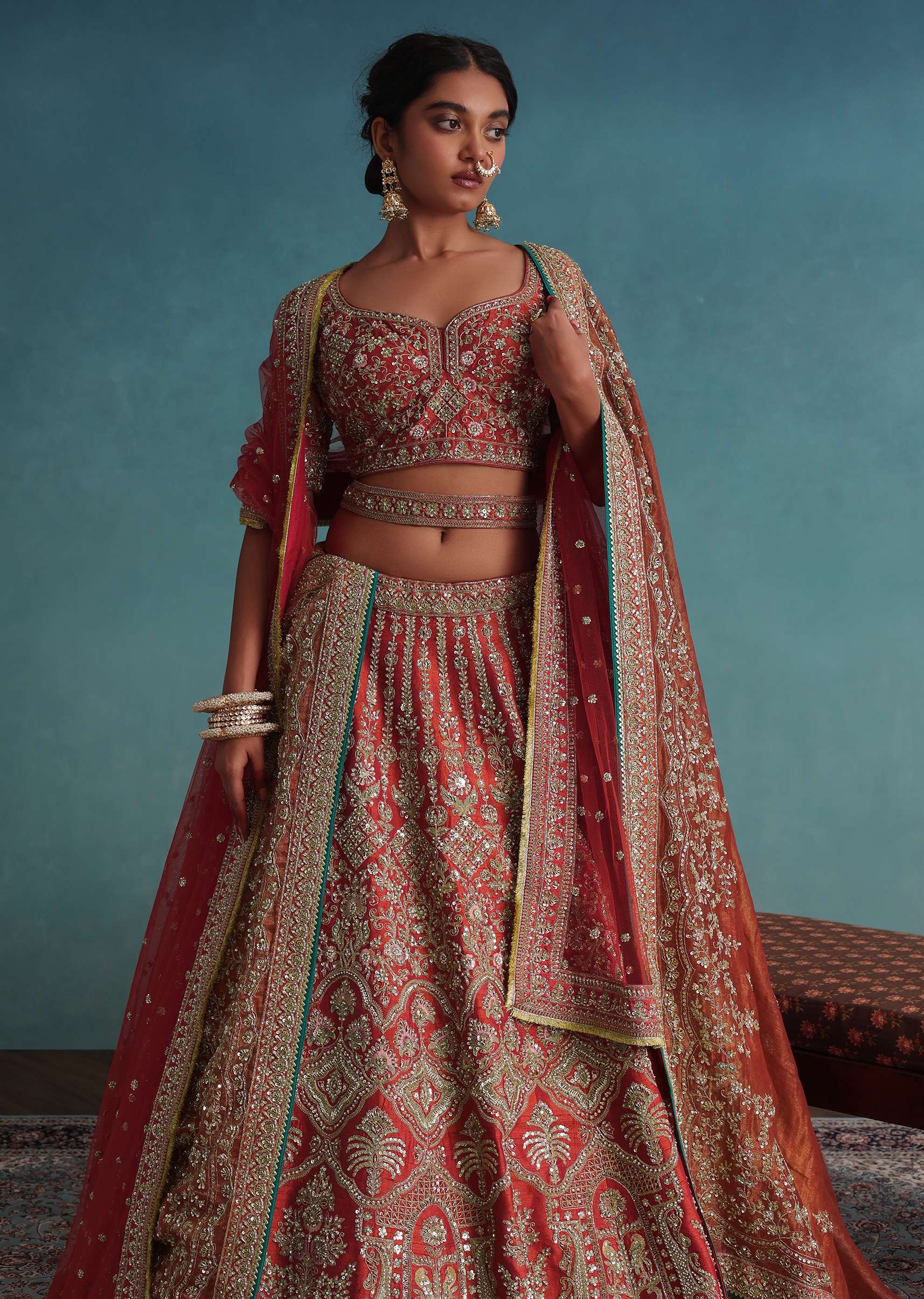 Rust Orange Embroidered 14 Kali Bridal Lehenga With Embroidered Belt In Raw Silk