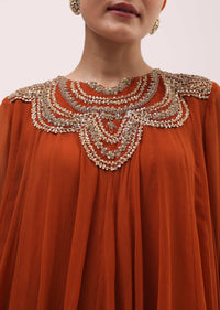 Rust Orange Embroidered Chiffon Kurta Palazzo