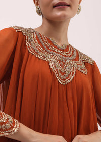 Rust Orange Embroidered Chiffon Kurta Palazzo