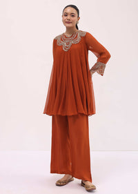 Rust Orange Embroidered Chiffon Kurta Palazzo