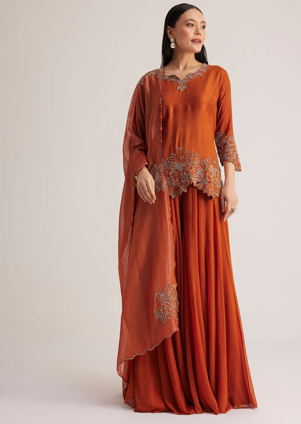 Rust Orange Embroidered Palazzo Suit