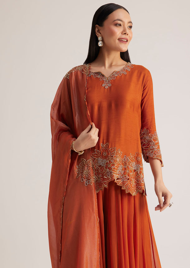 Rust Orange Embroidered Palazzo Suit