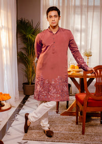 Rust Orange Kurta Set In Resham Work For Men