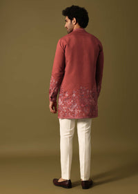 Rust Orange Kurta Set In Resham Work For Men