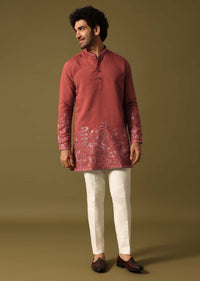 Rust Orange Kurta Set In Resham Work For Men