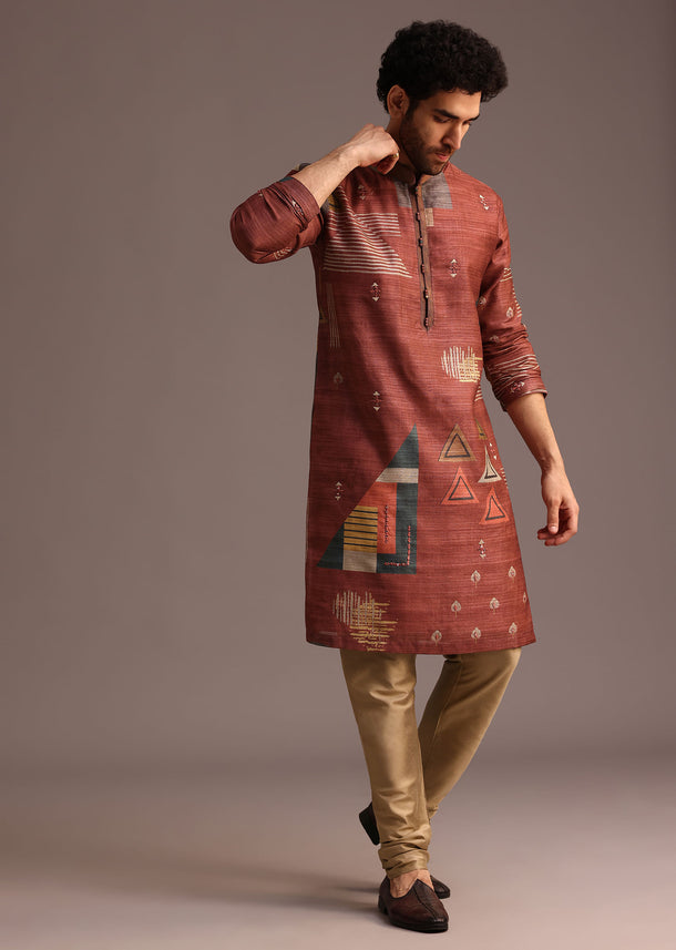 Rust Orange Tussar Silk Kurta And Pyjama In Abstract Print