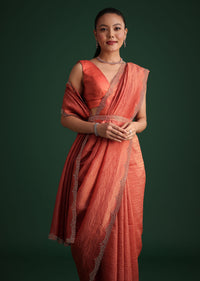 Rust Pink Crushed Tissue Saree With Diamond Work Border