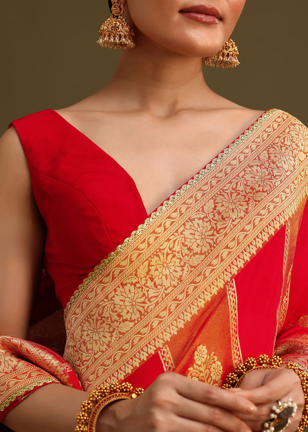 Rust Red Dual Shaded Saree  With Zari Brocade Pallu And Unstitched Blouse