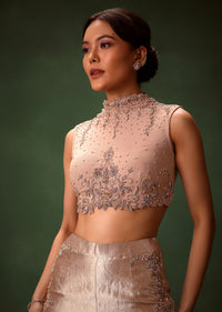 Rust Stretch Net Bell Bottom Set With Embroidered Blazer And Polo Neck Top