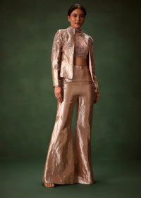 Rust Stretch Net Bell Bottom Set With Embroidered Blazer And Polo Neck Top