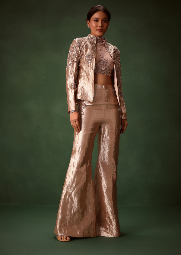 Rust Stretch Net Bell Bottom Set With Embroidered Blazer And Polo Neck Top